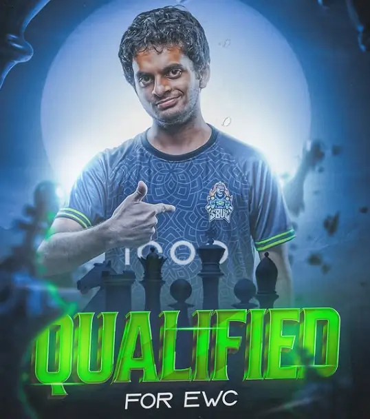 Indian chess player gives a thumbs-up while wearing the iQOO jersey, with a glowing moon backdrop and chess pieces in front, celebrating qualification for the Esports World Cup (EWC).